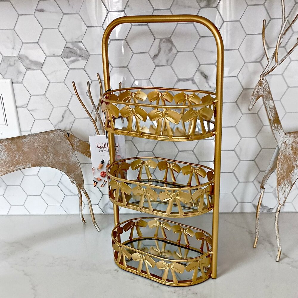 NEW! MIRRORED Tiered VANITY TRAY W/BOWS - Picture 2 of 4
